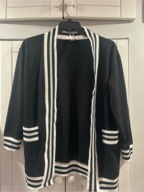 HAUTE SHORE Black cardigan with White Stripe Trim